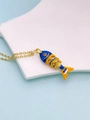Close-up of a colorful enamel fish pendant with golden scales and vibrant blue details - Blue Yellow Red Style