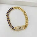 Catena cubana dorata con smalto blu e chiusura scintillante con logo S e diamanti - Braccialetto (Braccialetto 08) / Oro con Blu Scuro