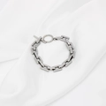 Polished silver stainless steel link bracelet with decorative industrial OT toggle clasp - Silver Bracelet