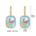 Detailed view of light blue enamel tulip earrings with pearls and size measurements - Earrings Rose Pearl Rectangular Enamel (E1466)