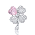 Exquisite vierblättrige Kleeblatt Brosche aus Silber mit Zirkon und rosa Stein im Herzschliff - Rosa Vierblättrige Blume Stil