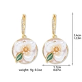Detailed view of floral enamel earrings with freshwater pearls and dimensions shown - Earrings White Flower Green Leaf Gold (E1462)