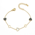 Minimalist gold stainless steel bracelet with black and white heart charms on white background - Black White Gold Colorblock Heart Bracelet (TT0471)
