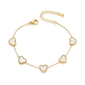 Golden titanium steel bracelet featuring five white faux mother-of-pearl heart charms - Beaded Edge Shell Heart Bracelet (TT0719)