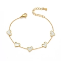 Elegant gold-plated stainless steel heart bracelet with white shell inlays for women - White Five-Heart Bracelet (TT0470)
