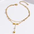 Zweilagiges goldenes Fußkettchen mit MOM-Buchstabenanhänger, Herz und Zirkonia-Akzenten - MOM Buchstaben Herz Doppelschichtig Stil (TL0019)