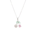 Détail du pendentif cerise avec gemme rose et feuilles en zircons verts sur chaîne - X4554