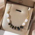 Titanium steel necklace with natural white jade, black onyx beads and gold accents in a box - Baroque Pearl Black Stone Style (T0565)