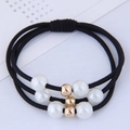 Three-piece set of high-elasticity hair ties with white pearls and gold metal beads - Black (090520265)