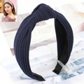 Navy blue ribbed knit knotted headband for women featuring stylish Korean minimalist design - Navy Blue