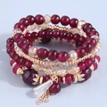 Deep red multi-layer beaded bracelet set with golden hollow tubes and crystal pendant - Dark Red