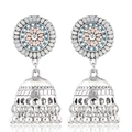 Bohemian Jhumka bell earrings with colorful floral enamel and silver bead tassels - Pink