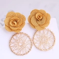 Detail of gold floral mesh fabric stud with woven metallic wire hollow circle drop - Orange