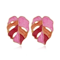 Minimalist gold monstera leaf earrings with colorful enamel inlay in vibrant shades - Rose Red