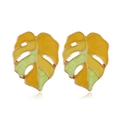 Minimalist gold-edged monstera leaf earrings with yellow and green gradient oil finish - Yellow