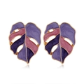 Golden Monstera leaf stud earrings with colorful purple and blue enamel drip detail - Purple