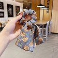 Blue floral scrunchie with orange rose pattern and long bow ribbon streamer for women - 3# (Grey Blue Floral)