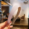 Detailed view of a pink gingham fabric headband with anti-slip beige inner lining - Pink White Gingham (13#)