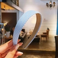 Detailed view of blue and white gingham fabric headband with brown non-slip inner lining - Blue White Gingham (14#)