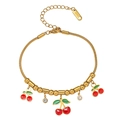 Elegant gold titanium steel bracelet with cherry zircon charms and sparkling crystals - Cherry Style (TT0329)