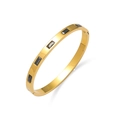 Detail of gold titanium steel bangle with five rectangular black gemstones and hinge clasp - Gold Black Zirconia