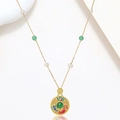 Garden style gold chain necklace with freshwater pearls and green enamel floral pendant - Chinese Ethnic Green Stone Style (X3988)