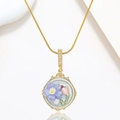 Garden style gold necklace featuring a lavender flower pendant with a fresh pearl detail - Light Blue Purple Flower Style (X3963)