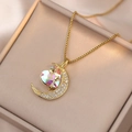 Elegant gold crescent moon necklace with iridescent heart stone and sparkling stars - Laser Star Moon Necklace (X2332) / Iridescent White