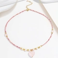 Handmade pink beaded necklace with freshwater pearls and a heart-shaped quartz pendant - Pink Bead Heart Gem Style (X3691)