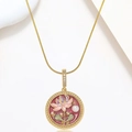 Golden flower necklace with purple lotus enamel pendant and a white pearl accent - Pink-Purple Enamel Lotus Style (X3965)