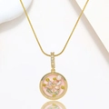 Golden necklace featuring a pink enamel flower pendant with a natural freshwater pearl - Pink Lotus Pearl Style (X3972)