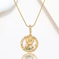 Golden flower disc necklace with enamel rose and pearl details on a sleek snake chain - Pink Glitter Yellow Flower Style (X3976)