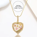 Golden heart pendant necklace with pink pearls and flowers on 46+5cm snake chain - Vintage Relief Heart Flower Style (X1348)