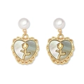 French vintage heart earrings with gold rose relief and freshwater pearls - Shell Heart Rose Stud Earrings (E1389)