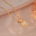 Elegant gold titanium necklace featuring a floral embossed shell pendant and wavy chain - Round Mother of Pearl Gold Floral Antler Style