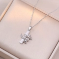 Women's bamboo heart pendant necklace with shiny stones and a cute metal rabbit charm - Steel Rabbit Bamboo Style (X2555)