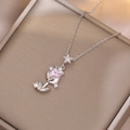 Titanium steel heart necklace with a rose flower pendant and pink heart zircon - Steel Color Heart Tulip