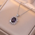 Collana a cuore argento con grande pietra viola ovale e dettagli in finti diamanti - Stile Pendente in Zirconia Ovale Viola (X2442)