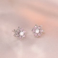 Elegant flower stud earrings with pink zircon and white pearl in silver finish - Pink Silver Daisy Earrings