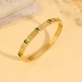 Titanium steel gold bangle for women featuring emerald stones and white crystal accents - Gold Rectangular Emerald Green Style (TT0060)