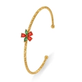 Golden open bangle with diamond-cut texture featuring ruby and emerald flower motif - Red Green Gemstone Five-Petal Flower Style (TT0555)