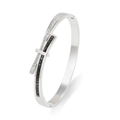 Polished stainless steel crossover bangle with black and white zircon stone inlay - Silver Black And White Zirconia Style (TT0678)
