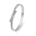 Polished silver stainless steel bangle featuring micro-pave geometric crossover design - Silver Double Row White Zirconia Style (TT0679)