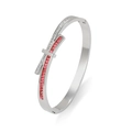 Elegant geometric titanium steel bangle with inlaid pink and clear cubic zirconia gems - Silver Pink Zirconia Style (TT0668)
