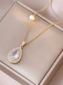 Elegant gold pear-cut halo pendant necklace with a white pearl accent on the chain - White Water Drop Necklace (X1389)
