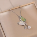 Bow butterfly necklace with iridescent green wings, zircon accents and white pearl drop - Silver Necklace (With Pendant)