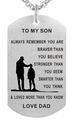 Collar de placa militar de acero cepillado con silueta de padre e hijo y texto de inspiración - Padre a Hijo