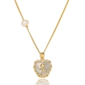Golden heart necklace with mother of pearl inlay, rose detail and a side pearl accent - Shell Heart Rose Necklace (X0209)