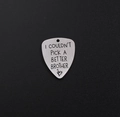 Macro shot of stainless steel guitar pick pendant with brother sentiment engraving - I couldn't pick a better brother(AL188)