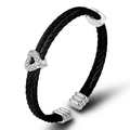 Double-layer heart charm bangle in black steel wire rope with sparkling zircons - Solid Color Twisted Rope (0125869-1) / Black